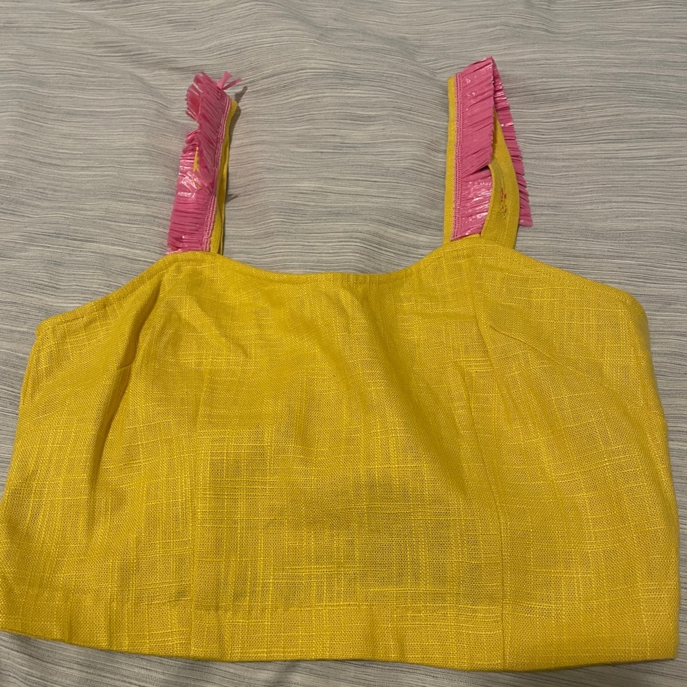 Staud yellow linen cropped tank top with pink fringe